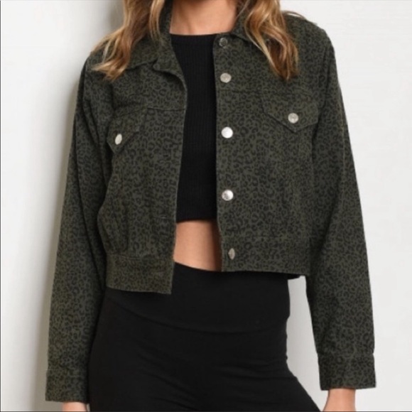 New Olive Animal Printed Crop Jean Jacket - Picture 4 of 6